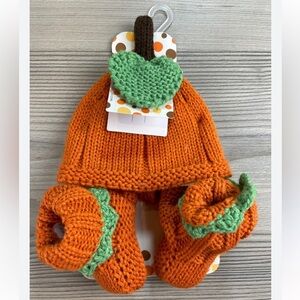 Little Me Orange & Green Knit Pumpkin Hat and Booties Set